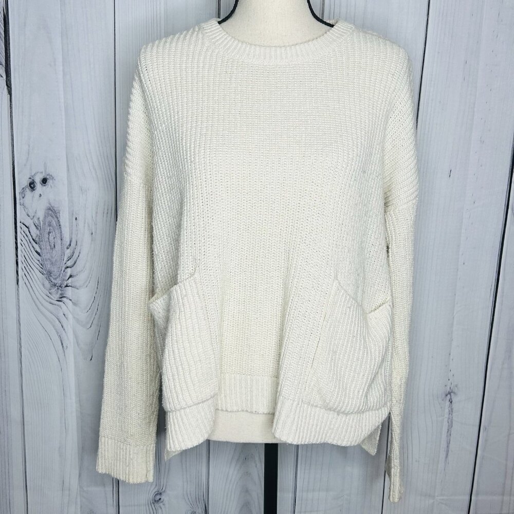 Melloday Classic Hi-Lo Cable Knit Sweater Size L Pockets Ivory Wool Blend